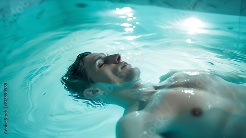 A man relaxes under a hydromassage in a beautiful clean pool Relieve muscle tension and spasms Special equipment for hydromassage Turn ordinary swimming into a pleasant relaxing activi : Generative AI