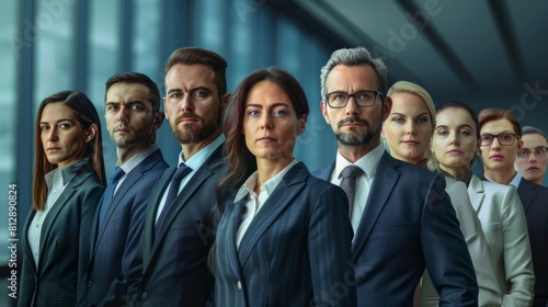a show of unity, a row of Caucasian businesspeople poses for a group photo, showcasing their collective vision for the successful business corporation. generative AI. hyper realistic 