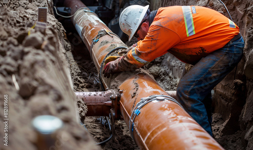 A worker laying sewage pipes underground, ensuring the reliability of the water drainage system.