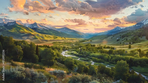 Beautiful green valley with mountains and a river at golden hour