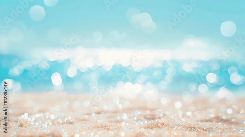 Natural blurred defocused background for concept summer vacation Nature of tropical summer beach with sun in haze Light sand beach ocean water sparkles against blue sky : Generative AI