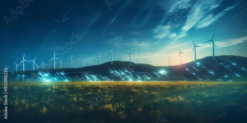 A Glow HUD offers guidance on renewable energy solutions above a blur background of solar panels and wind turbines in a vast, open field