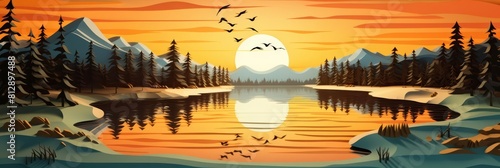 Amazing landscape view of a tranquil lake reflecting the vibrant sunset, rendered in paper cut styles, creating a layered visual depth ideal for a sharpen landscape
