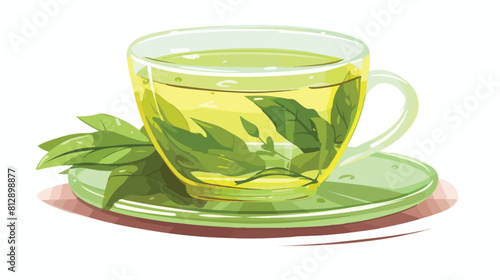 Green tea cup fresh and dry leaves sketch vector il