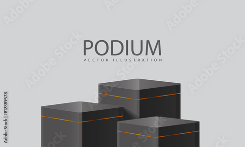 Podium 3D black glossy gold line steps dim light on grey design for product display showroom promotion vector
