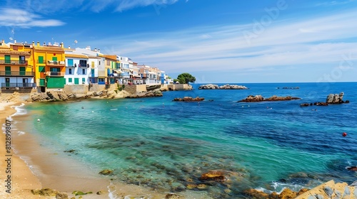 Sea landscape with Calella de Palafrugell Catalonia Spain near of Barcelona Scenic fisherman village with nice sand beach and clear blue water in nice bay Famous tourist destination in : Generative AI