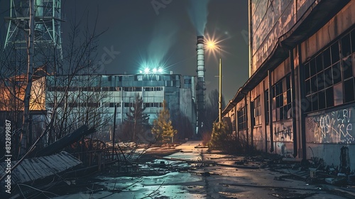 Creative artwork decoration Chernobyl nuclear power plant at night Layout of abandoned Chernobyl station after nuclear reactor explosion Selective focus : Generative AI