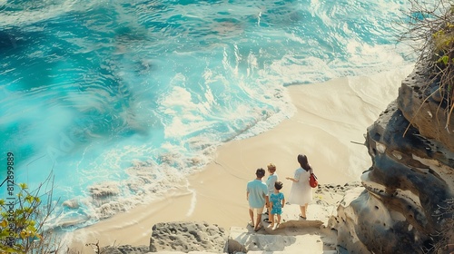 Happy family travel mother baby son daughter stand on cliff steps look at sea surf on white sand beach Active parent lifestyle people outdoor activity on summer vacation with child on : Generative AI