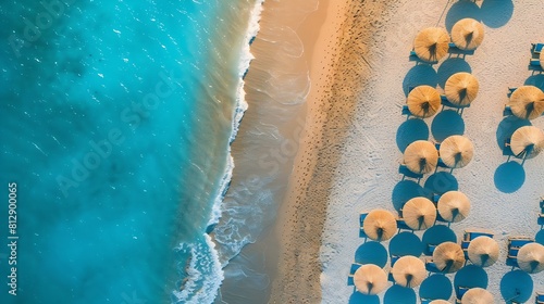 Aerial view of amazing beach with umbrellas and lounge chairs beds close to turquoise sea Top view of summer beach landscape idyllic inspirational couple vacation romantic holiday Free : Generative AI
