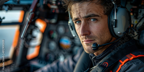 Focused Pilot in Cockpit with Headset Looking Serious