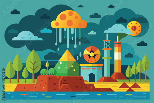 Flat design of a factory surrounded by trees and clouds in an acid rain customizable semi flat illustration, Acid rain Customizable Semi Flat Illustration