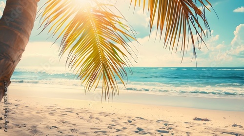 Panorama banner photo of idyllic tropical beach with palm tree : Generative AI