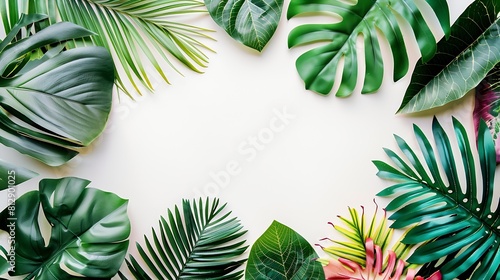 Creative layout made of colorful tropical leaves on white background Minimal summer exotic concept with copy space Border arrangement : Generative AI