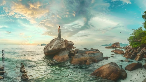 Wide panorama traveler woman in dress stand on rock joy nature scenic landscape Sichon beach Panoramic view tourist travel thailand summer holiday vacation Tourism beautiful destinatio : Generative AI