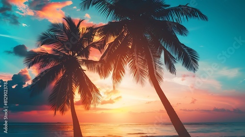 Palm trees silhouettes on tropical beach at vivid sunset time : Generative AI