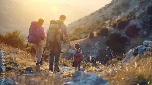 Family hiking parents with child outdoor travel in mountains active vacations lifestyle mother and father backpacking together with baby in Turkey : Generative AI