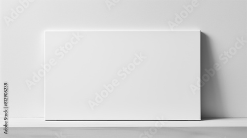 A blank white canvas stood upright on an empty shelf against a plain wall. 