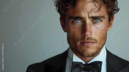 A close-up shot of a young handsome man wearing a tailored tuxedo, his gaze focused and determined, capturing the elegance and charm of formal attire on a pristine white background