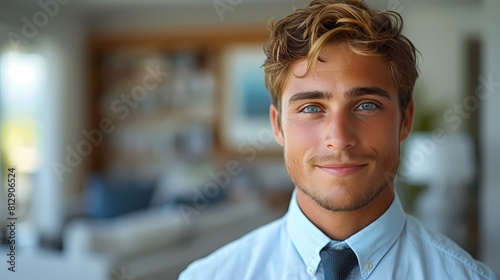 A close-up shot of a young handsome man wearing a tailored dress shirt and tie, his confident smile and impeccable grooming highlighting his attention to detail on a pristine white background