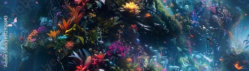 Capture a futuristic botanical garden from a worms-eye view