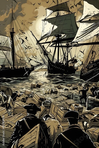 A detailed vector rendering capturing the Boston Tea Party, depicting the defiance and determination of the American colonists in their quest for independence
