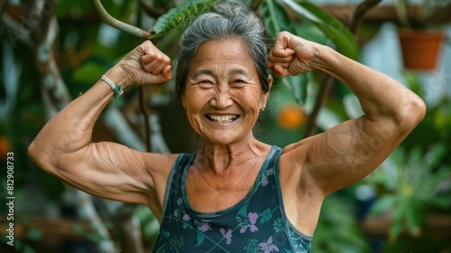 Smiling and muscular old Asian woman showing biceps against park background AI generated image