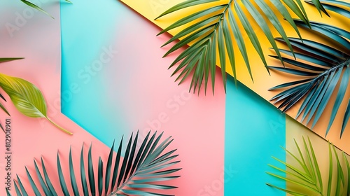Tropical bright colorful background with exotic painted tropical palm leaves Minimal fashion summer concept Flat lay : Generative AI