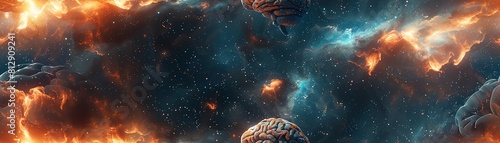 Illustrate the merging of a human brain with a celestial nebula in a visually stunning fusion of psychological depth and cosmic wonder Experiment with a birds-eye view combined wit
