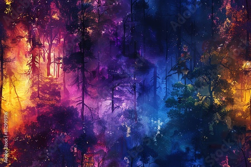 Illustrate the vivid colors and textures of a Musical Forest Lights scene using a mixed-media approach, blending acrylics and digital enhancements for a dynamic, organic feel