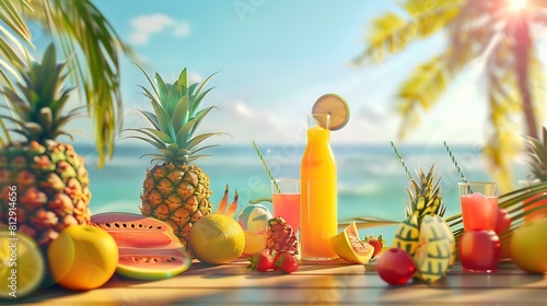 Panoramic tropical sea view with the sunny day On the table are drinks and tropical fruits A fun summer vacation getaway with outdoor activities swimming surfing volleyball and beach p : Generative AI