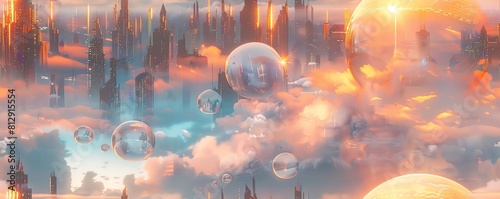 Transport viewers into an otherworldly realm by fusing architectural marvels with surrealism Show a futuristic cityscape viewed through a reflective droplet