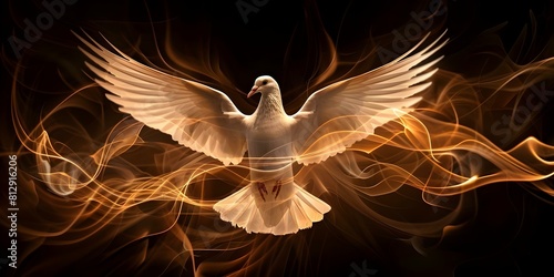 Symbolism of Holy Spirit: White Dove with Open Wings on Black Background. Concept Religious Symbolism, Holy Spirit, White Dove, Open Wings, Black Background