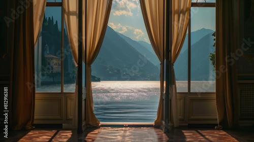 Window view to Lake Como in Italy : Generative AI