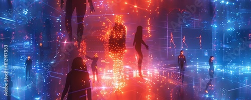 Craft a striking visual narrative of dancers gracefully engaging with futuristic gadgets and virtual elements