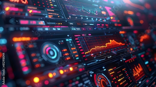 Close view of a financial analysis monitor, showing intricate stock market curves and analytics, hyperrealistic details emphasize the digital sharpness and color contrasts on the screen.