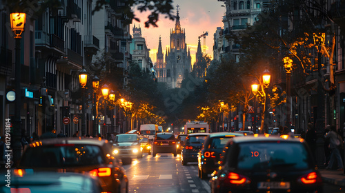 A photo of the streets of Barcelona, with Gothic architecture as the background, during a bustling evening