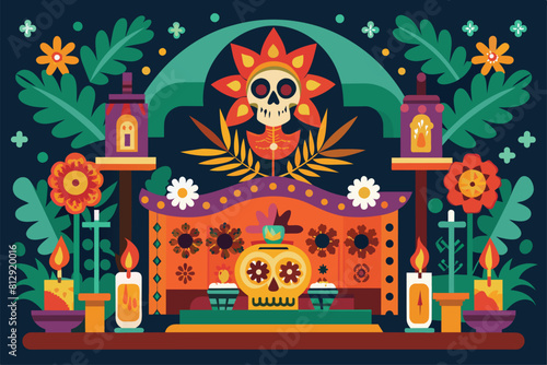 Day of the Dead altar with colorful flowers and lit candles against a dark background, Dia de muertos altar Customizable Disproportionate Illustration