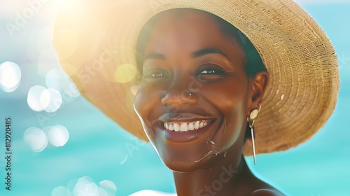 Happy African American woman protecting her skin with suntan lotion on summer day at the pool Copy space : Generative AI