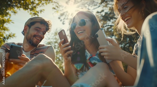 happy young company of smiling friends sitting park using smartphones man and women having fun together colorful summer hipster fashion style communication wireless connecting devices : Generative AI