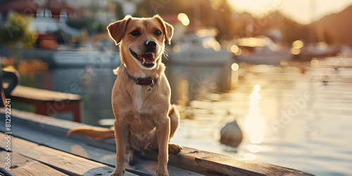 Dog sit on a wooden ledge at the waterfront background - Ai Generated