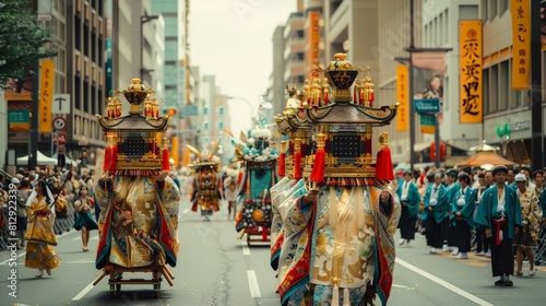 The Hokkaido Shrine Festival in Sapporo Japan a traditional event celebrating the local shrines deity with a parade of ornate floats mikoshi (portable