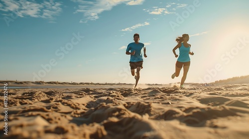 Couple running on a sandy beach : Generative AI
