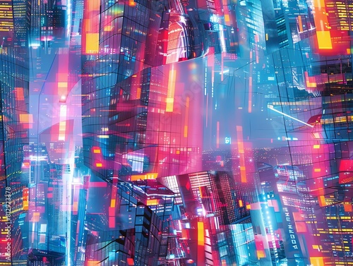 Depict a futuristic cyberpunk cityscape fused with elements of Abstract Expressionism