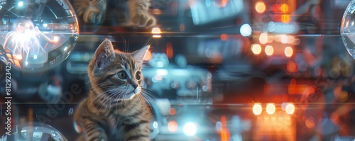 Depict a levitating gadget swapping faces with a laughter-inducing hologram, while a quantum cat photobombs hilariously from an upside-down perspective
