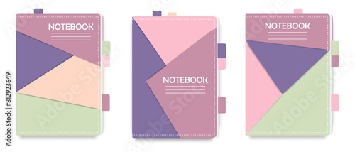 Set of vector notepads with geometric design in pastel colors. Abstract notebook cover page template for business and school. Stationery. Education concept.
