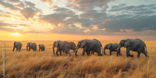 Herd of elephants walking across a dry grass field at sunset background - Ai Generated