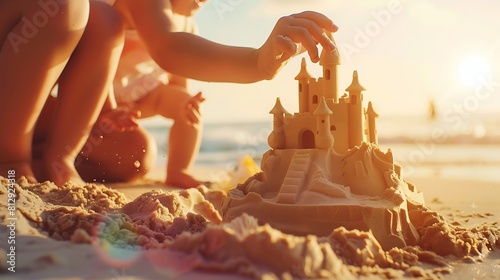 family building a sandcastle at the beach in summer vacation time : Generative AI