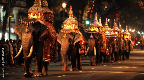 The Kandy Esala Perahera in Sri Lanka a spectacular ten-day festival involving processions of dancers drummers and elephants dressed in ornate garment