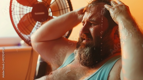 Funny sweaty chubby bearded man in swimsuit sitting at home suffering from crazy summer heat wiping sweat off forehead holding electric fan wishing for heatwave to stop and fresh breez : Generative AI