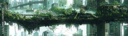 Illustrate a futuristic metropolis overtaken by nature